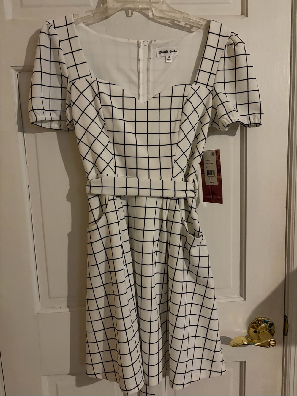 Emerald Sundae White Dress with Black Windowpane Belt